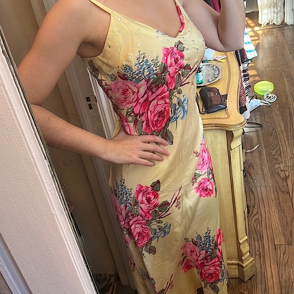 RARE VINTAGE BETSEY JOHNSON RHINESTONE SILK FLORAL MIDI MAXI SLIP DRESS XS S 2 4 - Picture 10 of 11